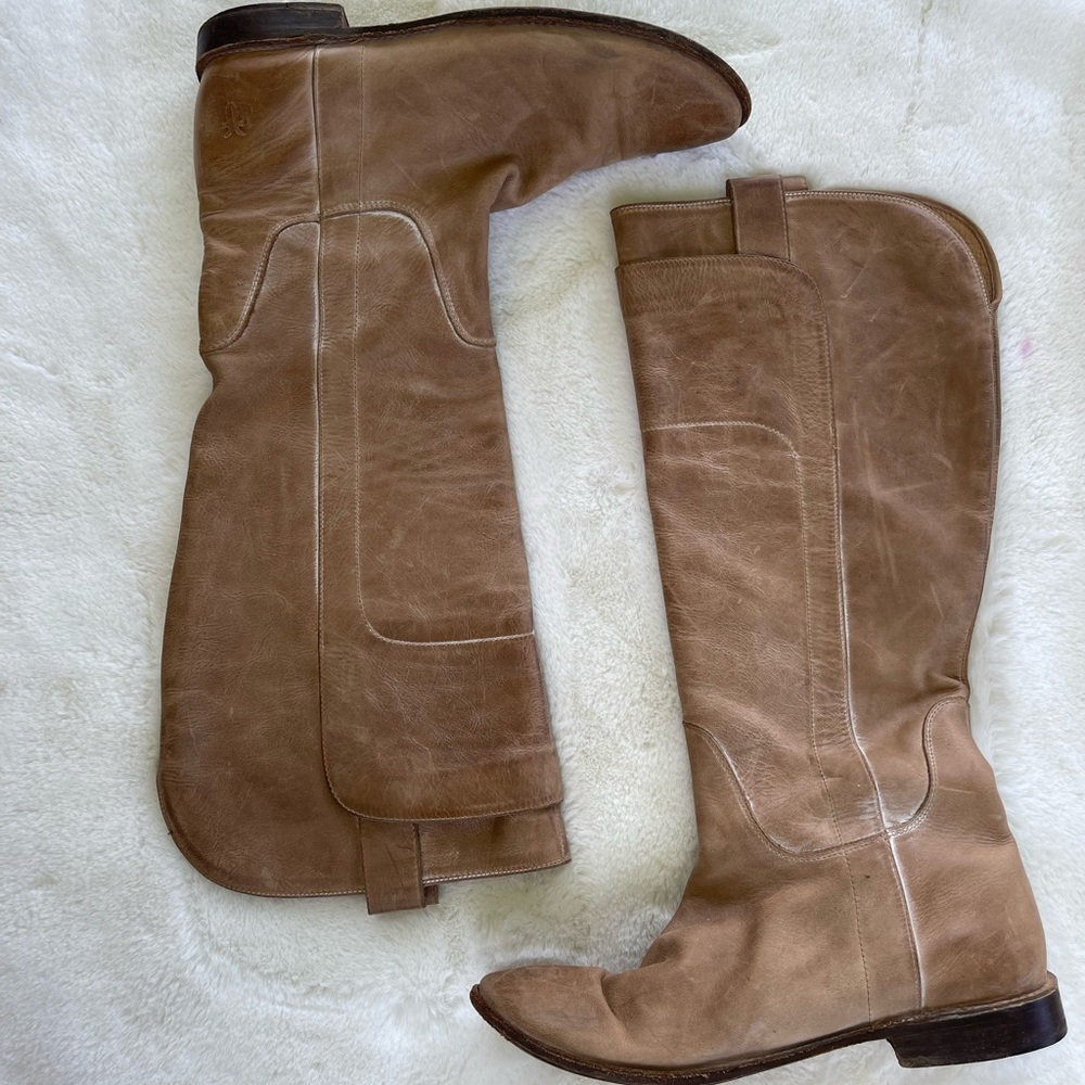 Frye Paige Tall Riding Tan Burnished Distressed Antiqued Leather Boots 9.5